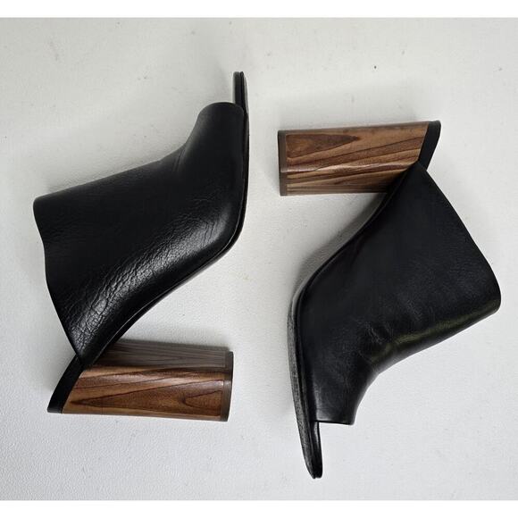 TORY BURCH Black Leather Raya Heels Mules Wooden Heel Peep Toe sz 8.5 - Picture 6 of 10